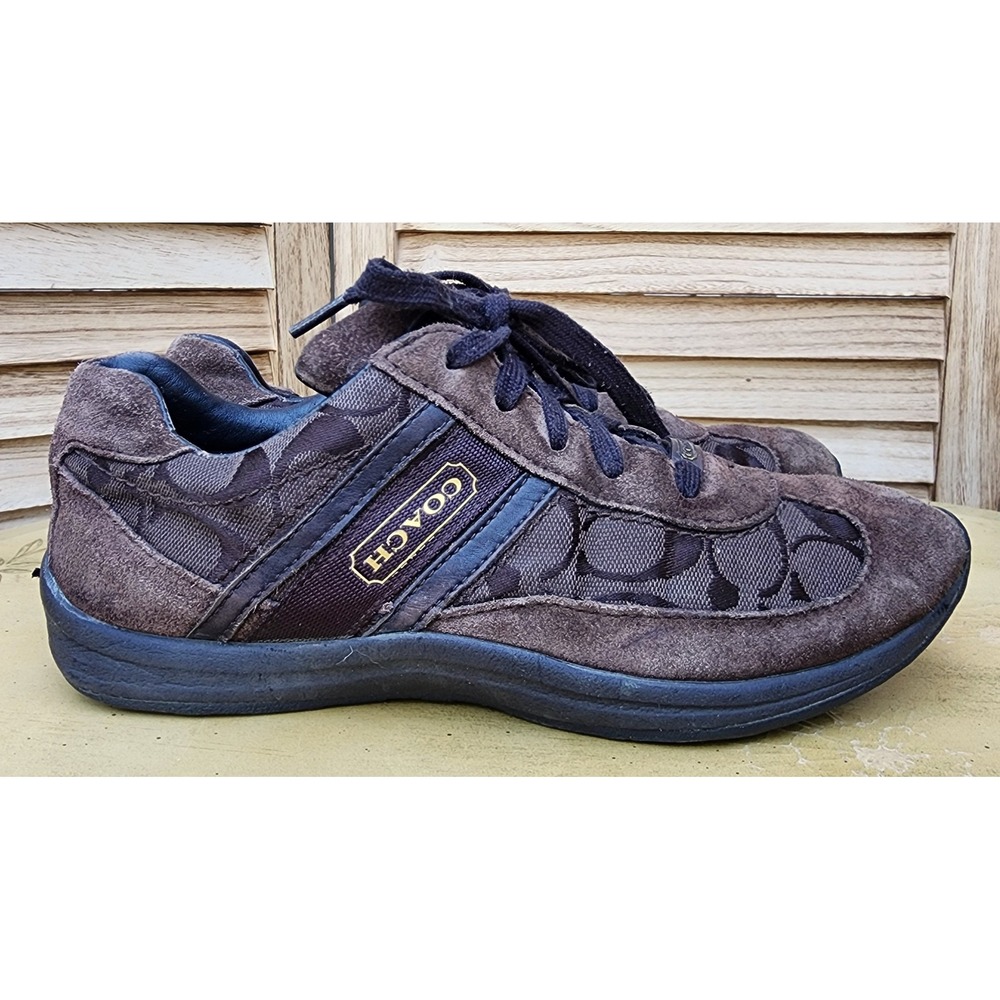 Coach Sz 8.5 Brown Suede Canvas Roxann Logo Signature Monogram Sneakers F2460
